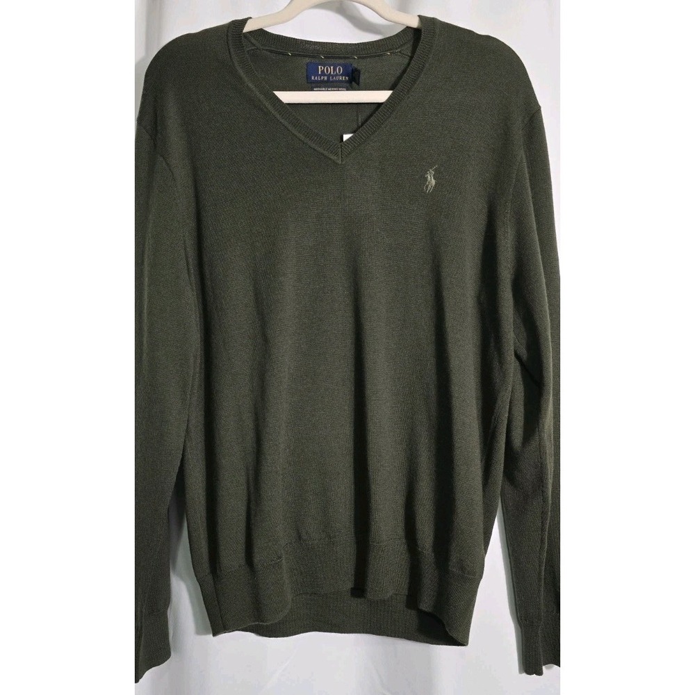 Polo‎ Ralph Lauren Medium Washable Merino Wool Sweater V Neck Green NWT